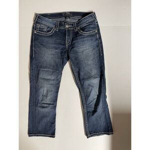 Silver Jeans Aiko Capri Jeans Denim Embellished Pockets Dark Wash Women's‎